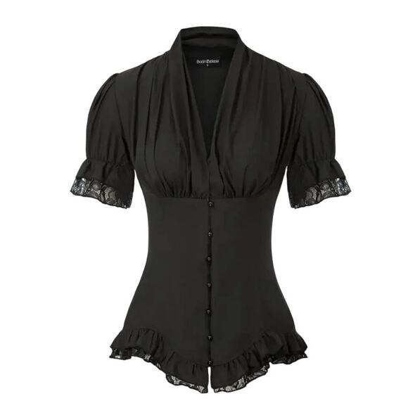 NWT SCARLET DARKNESS Victorian Blouse Black Short Sleeve Ruffle Shirt 2XL - Picture 1 of 8